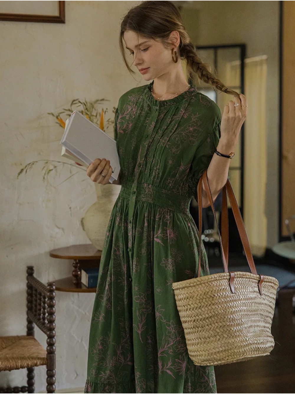 Green Floral Button-Front CottageCore Midi Dress with Smocked Waist. New W Tags - Picture 15 of 16